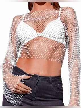 Sheer Rhinestone Mesh Long-Sleeve Crop Top - White